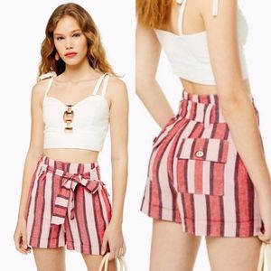 TopShop High Waist Belted Linen Striped Shorts